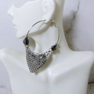 Amazing Statement Large Silver Toned Mesh & Pave Decorated Hoops NWT